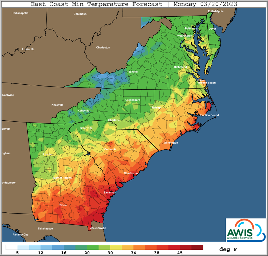 East Coast Min Temperature Forecast, Monday 03/20/2023