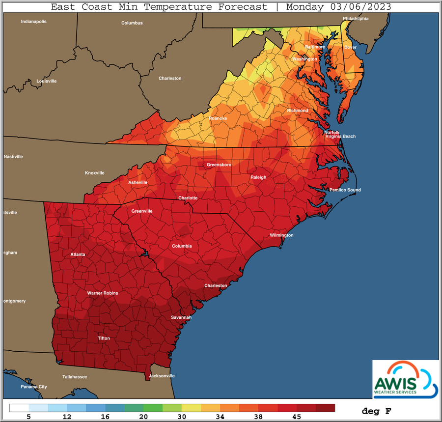 East Coast Min Temperature Forecast Monday 03/06/2023