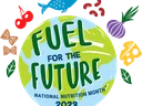 Earth with text "FUEL FOR THE FUTURE National Nutrition Month 2023" surrounded by food icons