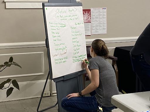 Women kneels while writing on a large piece of paper on a stand.