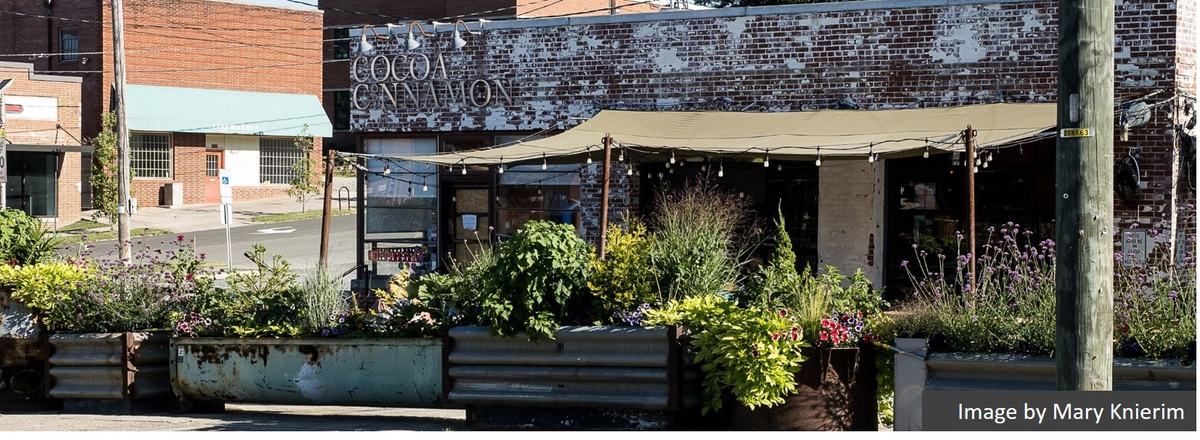 Collection of metal containers planted with flowers and plants.