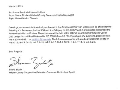 An example of a letter regarding recertification for Private Pesticide License Holders