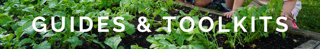 Raised garden bed with leafy greens and hands, overlaid text "GUIDES & TOOLKITS"
