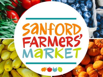 Logo for the Sanford Farmers' Market, with images of vegetables and fruits