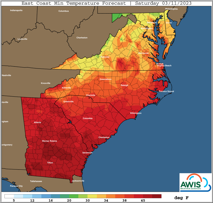 East Coast Min Temperature forecast Saturday 03/11/2023