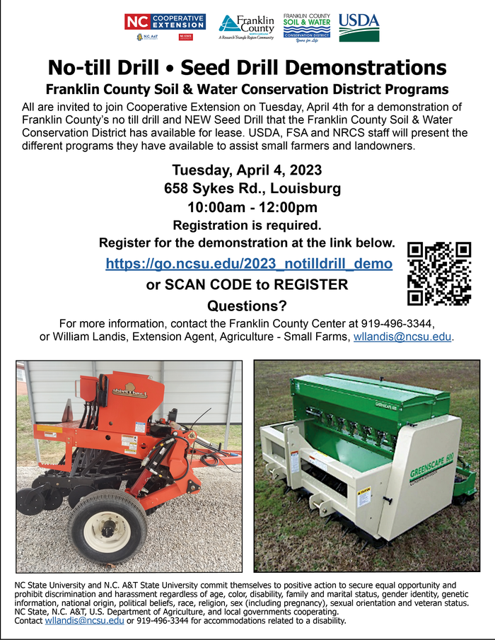 picture of 2 Seed Drills on informational flyer with date, time, location and registration info.