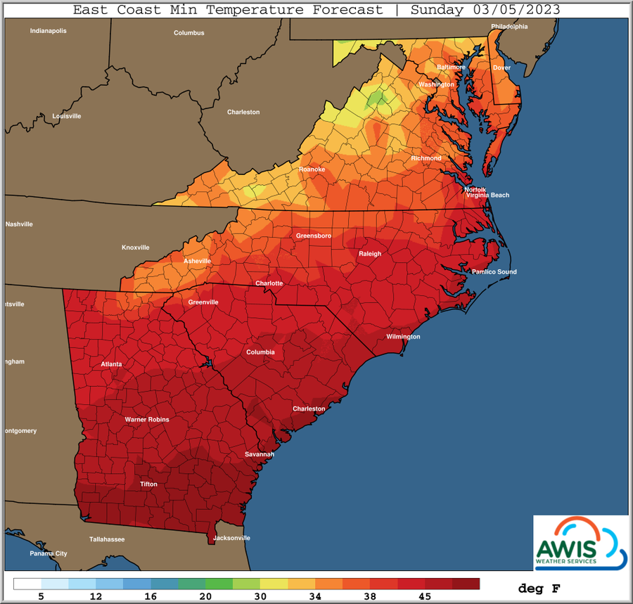 East Coast Min Temperature Forecast Sunday 03/05/2023
