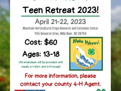 West District 4-H Teen Retreat 2023 flyer — April 21-22, Cost $60, Ages 13-18