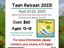 West District 4-H Teen Retreat 2023 flyer — April 21-22, Cost $60, Ages 13-18