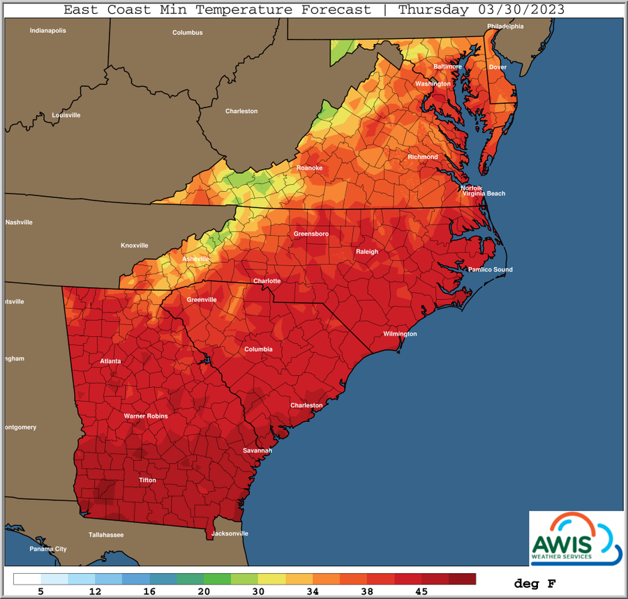 East Coast Min Temperature Forecast, Tuesday 03/30/2023