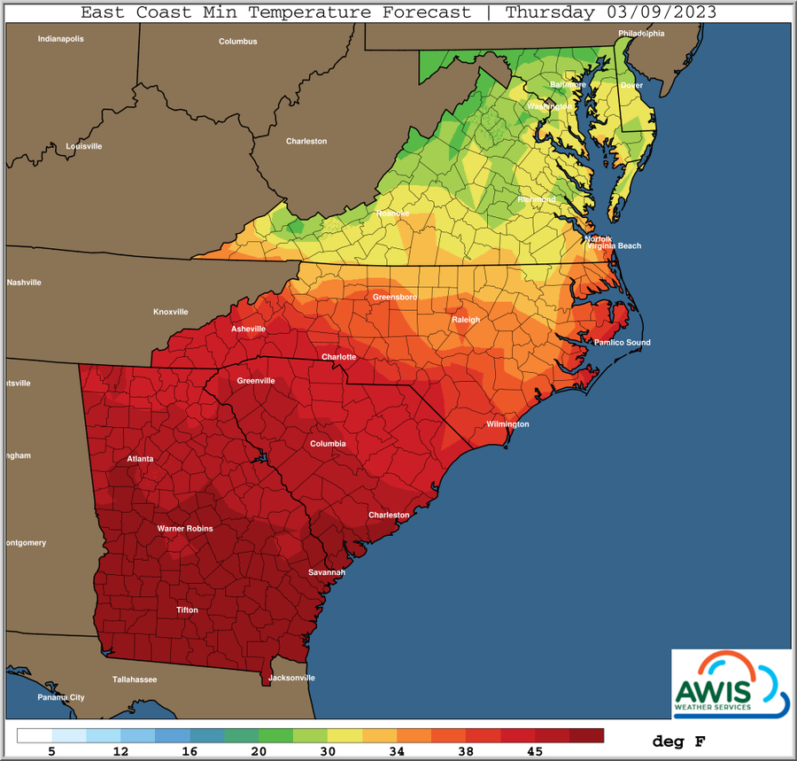 East Coast Min Temperature Forecast, Thursday 03/09/2023