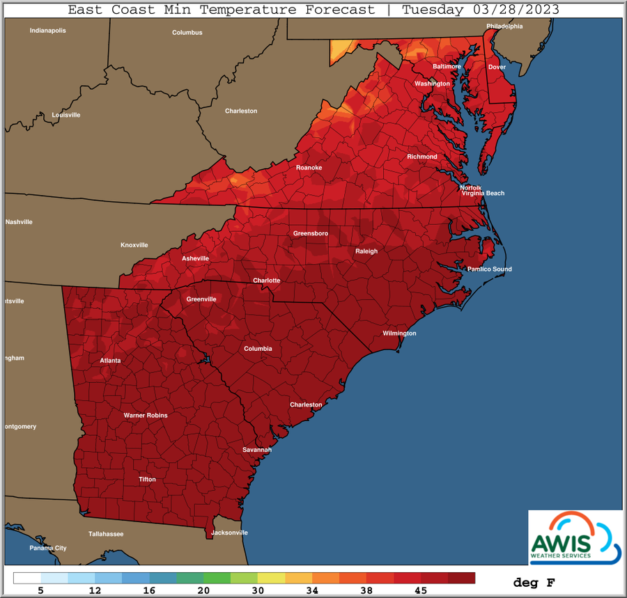 East Coast Min Temperature Forecast, Tuesday 03/28/2023