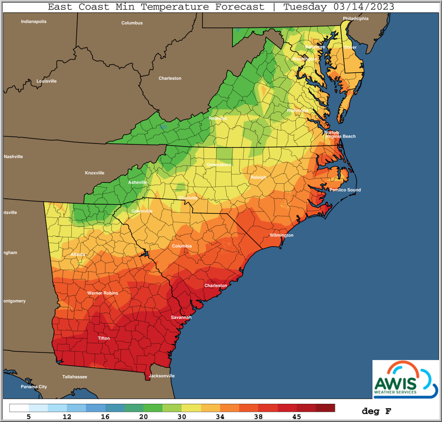 East Coast Min Temperature Forecast. Tuesday 03.14.2023