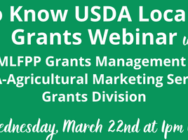 Get to Know USDA Local Food Grants Webinar — Wed Mar 22, 1pm CT; woman holding "Locally Grown" sign