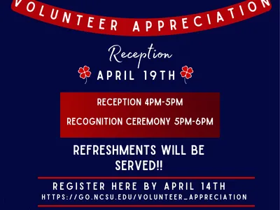 Volunteer Appreciation Reception April 19 — Reception 4–5pm; Recognition 5–6pm. Register by Apr 14