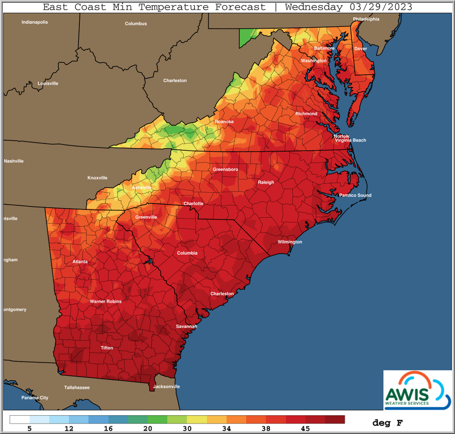 East Coast Min Temperature Forecast, Wednesday 03/29/2023