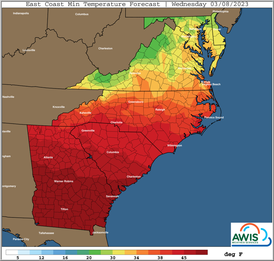 East Coast Min Temperature Forecast, Wednesday 03/08/2023