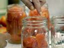 Hand placing peeled tomatoes into glass mason jar for canning