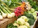 Radishes, golden beets, garlic, cauliflower, broccoli and cabbages displayed at a market stall