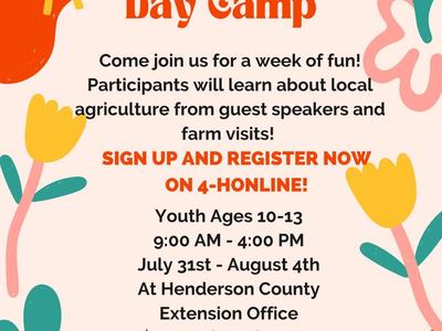 4-H Agriculture Day Camp poster: July 31–Aug 4, youth ages 10–13, sign up on 4-HOnline