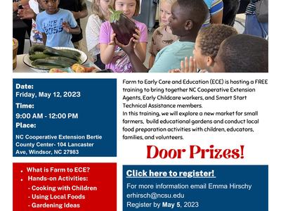 Farm to Early Care and Education Extension Training flyer; children examining an eggplant