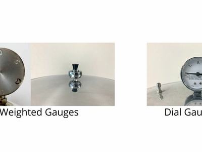 Two weighted gauge fittings over "Weighted Gauges"; dial pressure gauge over "Dial Gauge"