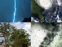 Four-panel: lightning strike; satellite hurricane over U.S. coast; flooded trees; tornado debris