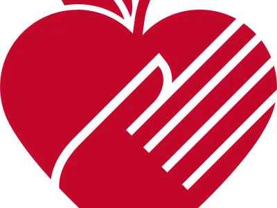 Red heart-shaped apple with a stylized hand overlay and four diagonal stripes