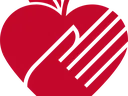 Red heart-shaped apple with a stylized hand overlay and four diagonal stripes