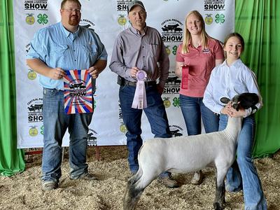 Four people and a sheep at Central Piedmont Junior Livestock Show holding ribbons