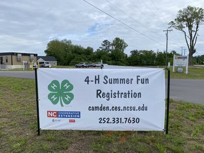 Banner reading "4-H Summer Fun Registration" with 4-H clover, camden.ces.ncsu.edu, 252.331.7630
