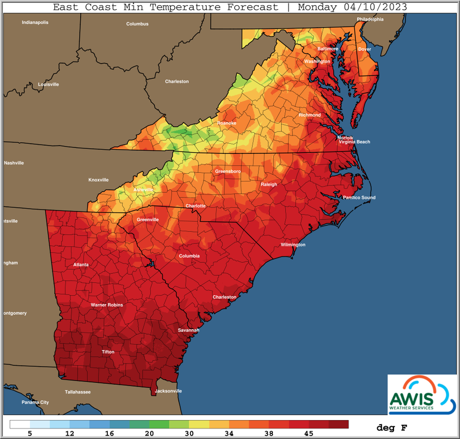 East Coast Min Temperature Forecast, Monday 04/10/2023