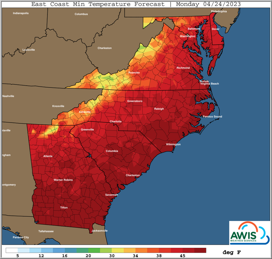 East Coast Min Temperature Forecast | Monday 04/24/2023