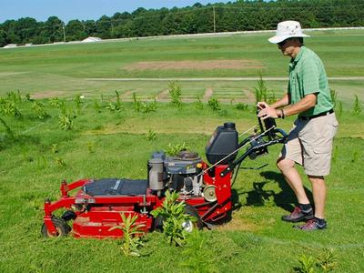 man pushing lawn mower
