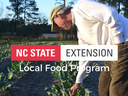 Man inspecting plants in a field with overlaid text "NC STATE EXTENSION Local Food Program"