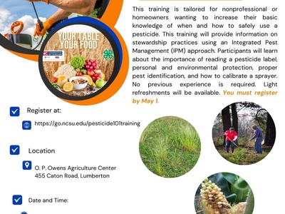 NC Cooperative Extension flyer: Pesticides 101 training, May 2, 2023, 6–8 p.m., Lumberton