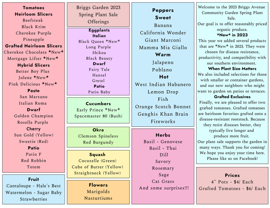 A list of plant varieties available.