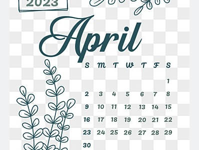 April 2023 calendar with month name, weekday initials SMTWTFS, dates 1–30, leafy decorations