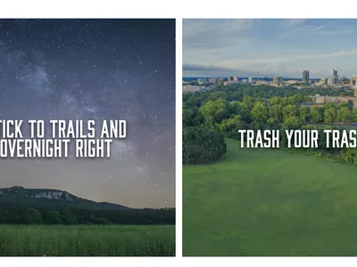 Four images with captions. From left to right. Image one: a hiking trail in a beach setting. Caption reads "Plan ahead and prepare." Image 2: A mountain in the distance from a field vantage oint at nigh with stars. Caption reads "stick to trails and overn