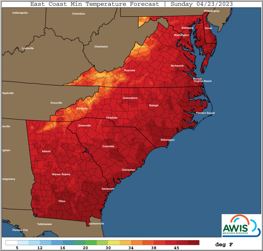 East Coast Min Temperature Forecast | Sunday 04/23/2023