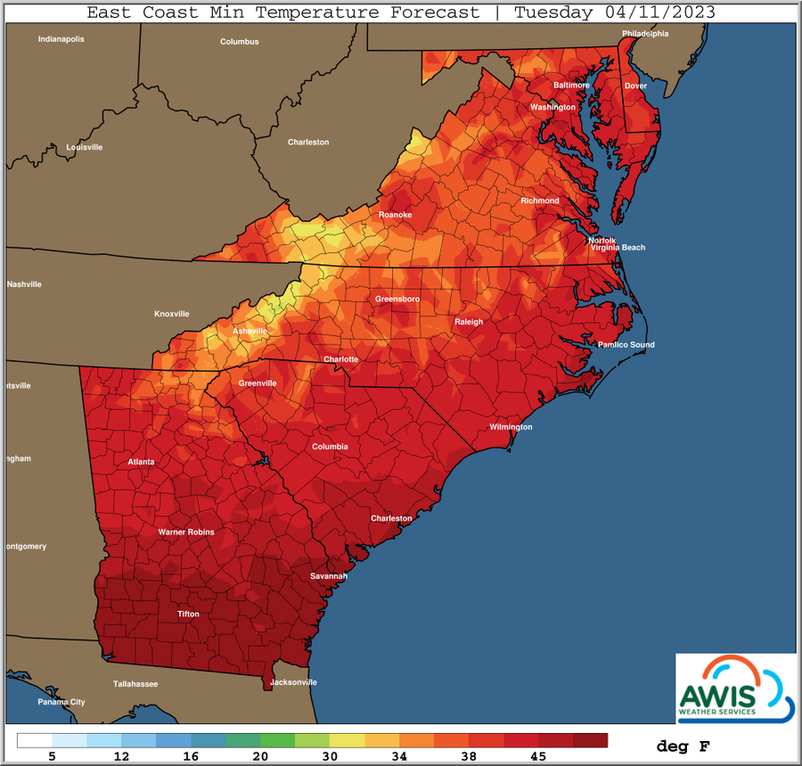 East Coast Min Temperature Forecast, Tuesday 04/11/2023