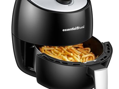Black air fryer with open basket of French fries, "essentialhome" logo