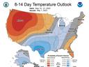 US 8–14 day temperature outlook (May 15–21, 2023) showing Above in West, Below in central/South, Near Normal elsewhere