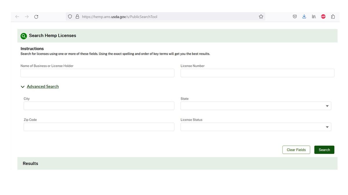 screenshot of the USDA Public Hemp search tool