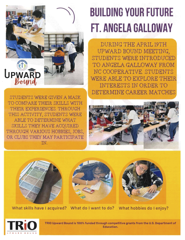 Building your future Ft. Angela Galloway DURING THE APRIL 19TH UPWARD BOUND MEETING, STUDENTS WERE INTRODUCED TO ANGELA GALLOWAY FROM NC COOPERATIVE STUDENTS WERE ABLE TO EXPLORE THEIR INTERESTS IN ORDER TO DETERMINE CAREER MATCHES. STUDENTS WERE GIVEN A MASK TO COMPARE THEIR SKILLS WITH THEIR EXPERIENCES. THROUGH THIS ACTIVITY, STUDENTS WERE ABLE TO DETERMINE WHAT SKILLS THEY HAVE ACQUIRED THROUGH VARIOUS HOBBIES, JOBS, OR CLUBS THEY MAY PARTICIPATE IN.