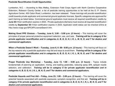 NC Cooperative Extension: Pesticide Recertification Credit Opportunities, May 30 2023