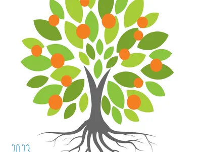 Stylized tree with roots and orange fruit; 'Roots to Fruits'; '2023 Report to the Community'.