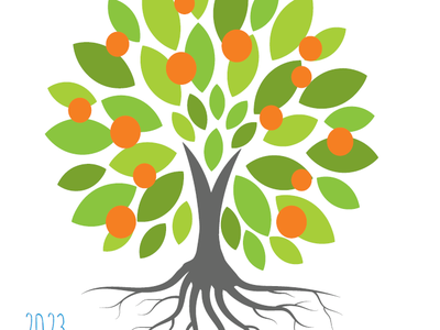 Stylized tree with roots and orange fruit; 'Roots to Fruits'; '2023 Report to the Community'.