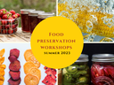 canned and fresh strawberries, corn on the cob in boiling water, dehydrated fruits, canned jalapeños, canned onions, food preservation workshops summer 2023