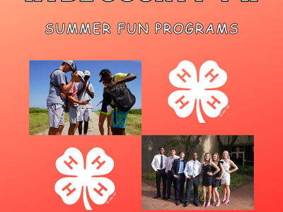 Hyde County 4-H poster: Summer Fun Programs, youth photos, 4-H clover logos, Register Now!
